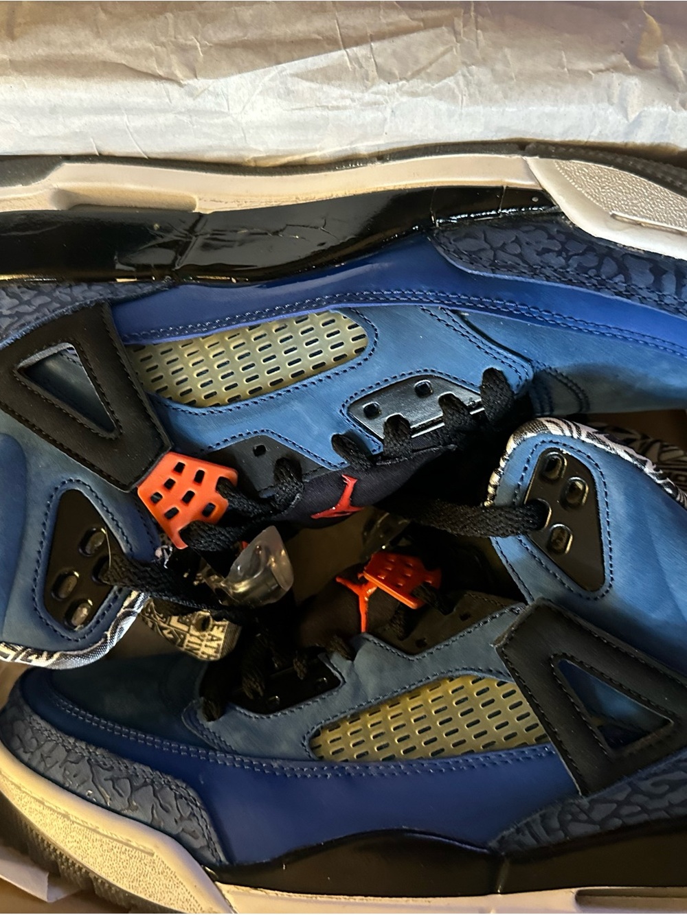 Jordan Men's Blue and Black Athletic Basketball Sneakers with Orange Accents